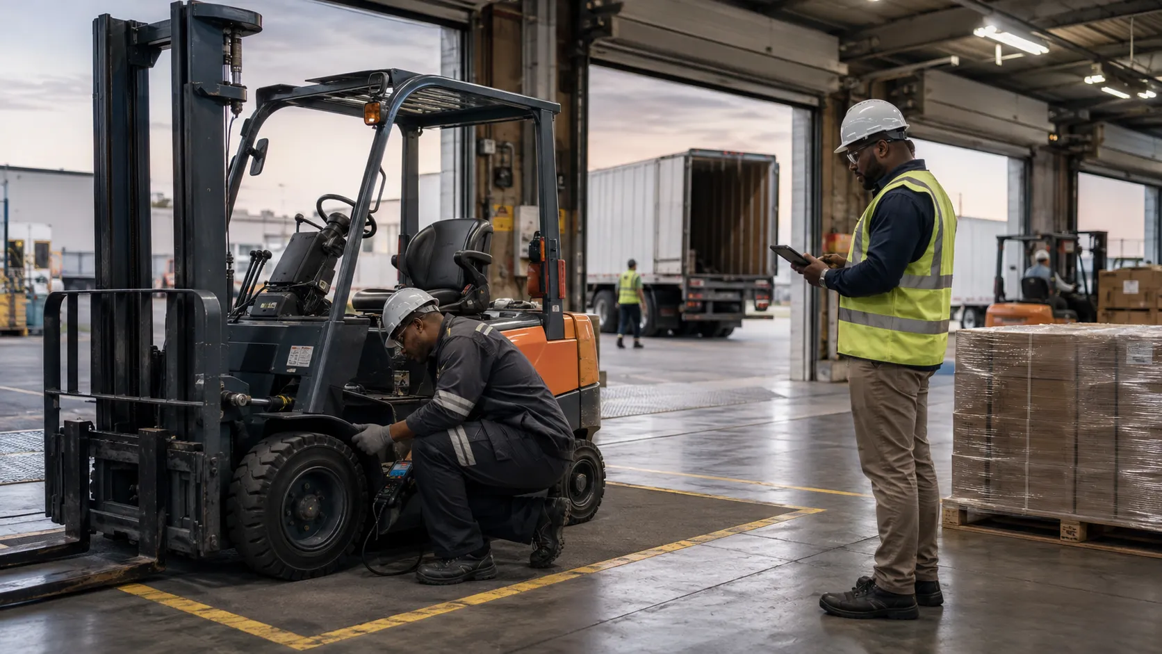 Technician repairing a forklift at a logistics depot while a supervisor uses a tablet