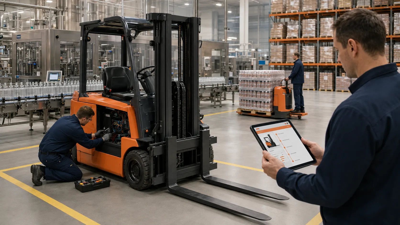 Technician repairing a forklift in a food and beverage plant while service work is tracked on a tablet