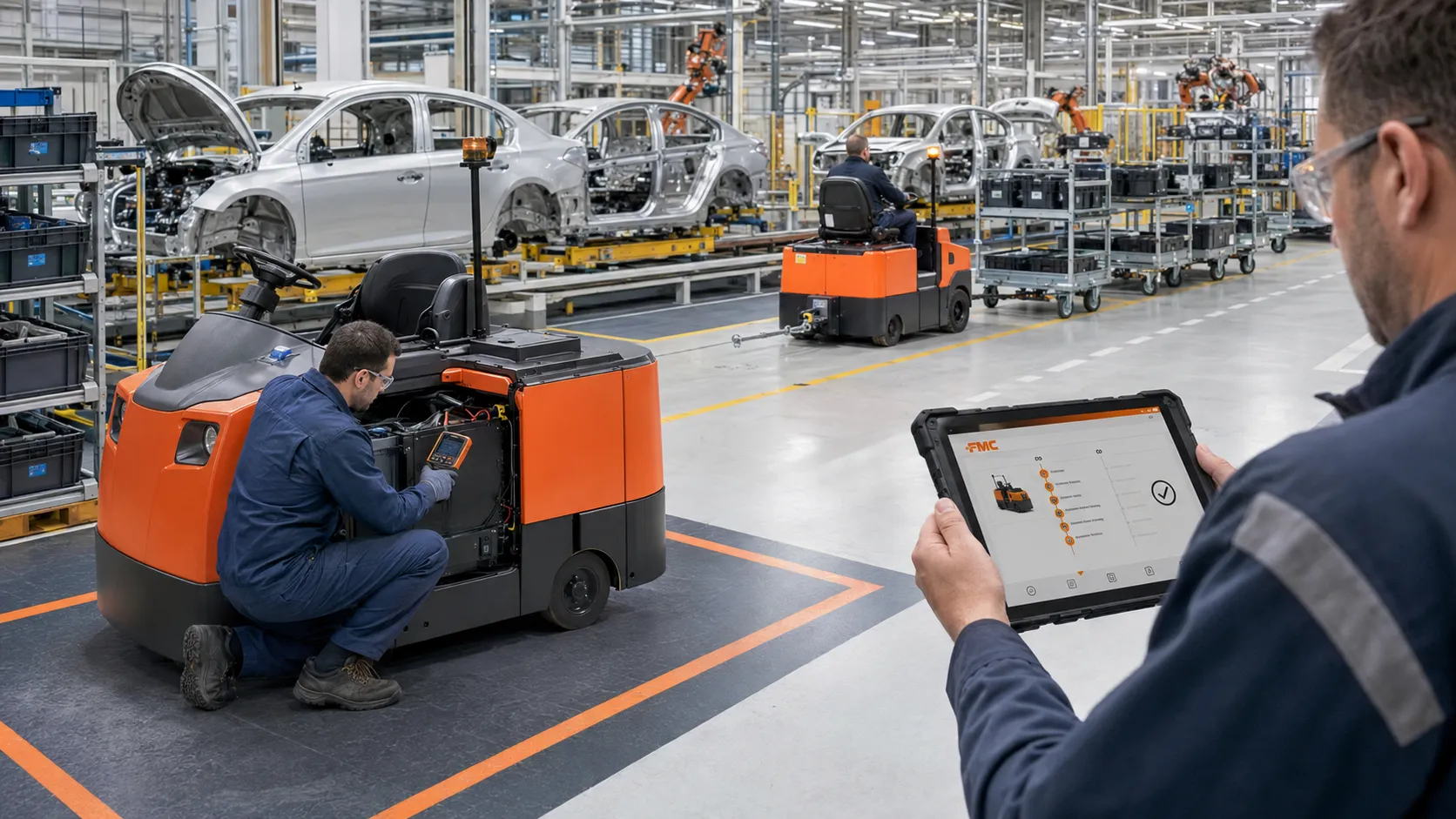 Technician repairing a tugger in an automotive plant while service progress is tracked on a tablet
