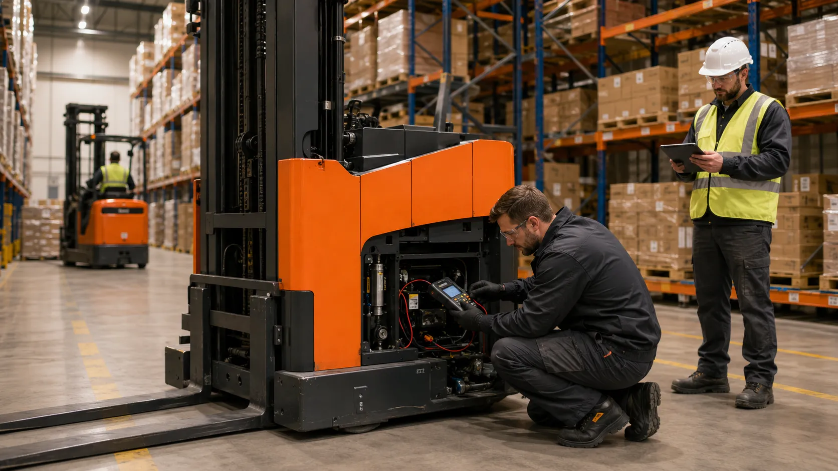 Technician servicing a reach truck in a warehouse while a supervisor records the work