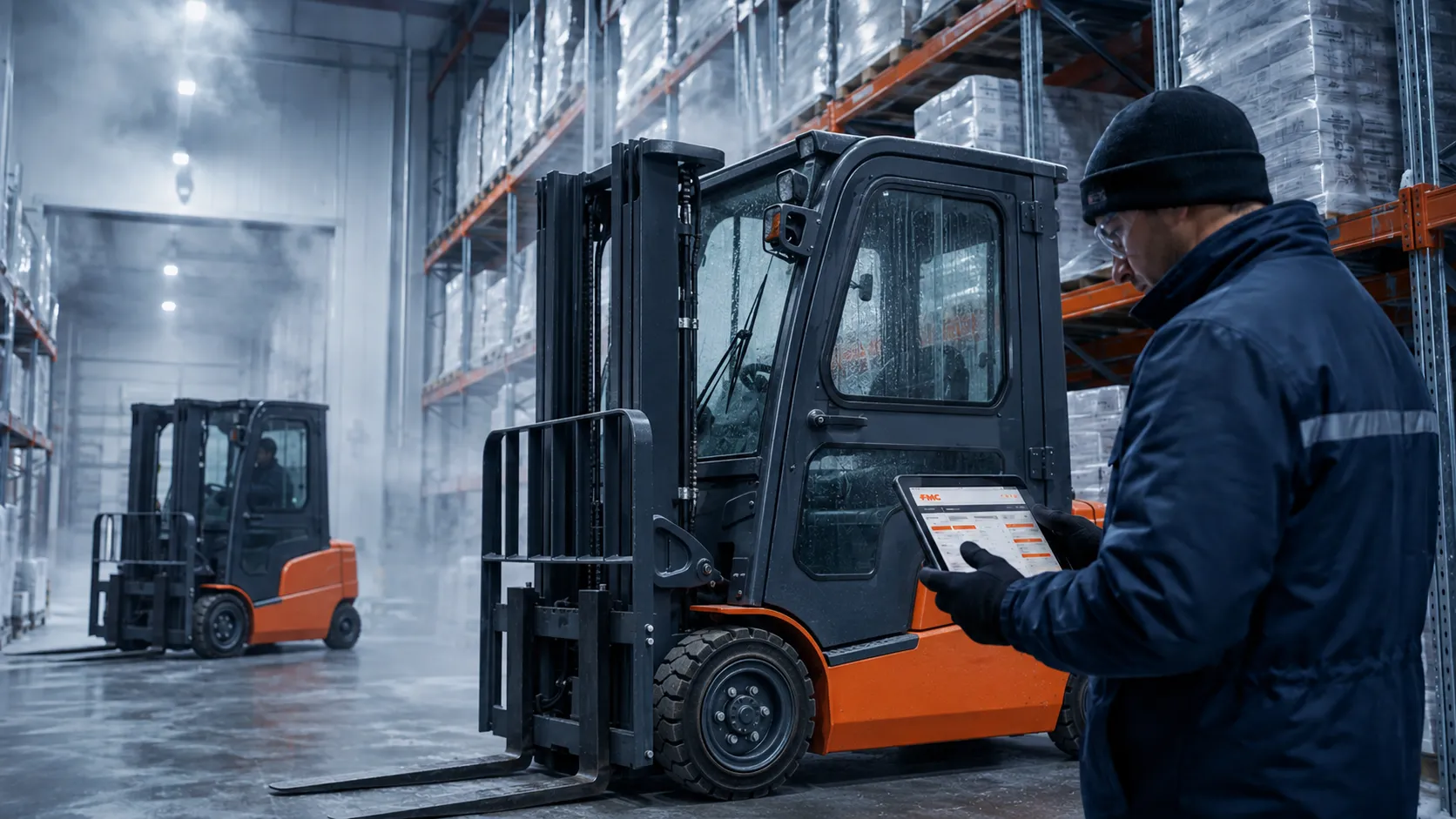 Cold-storage technician checking a forklift record on a tablet