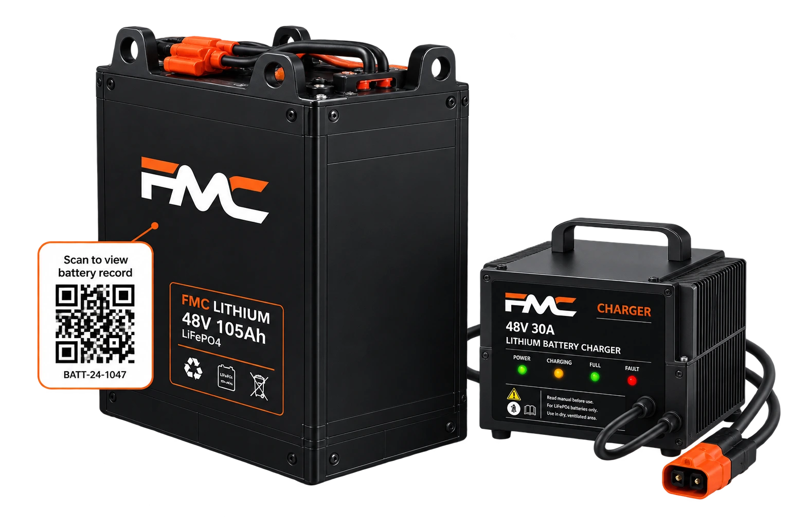 Lithium forklift battery and charger with QR-coded battery record