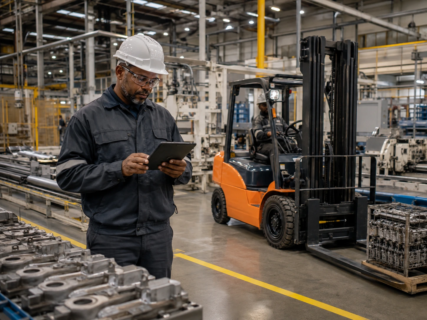 Technician using a tablet beside a forklift in a manufacturing plant