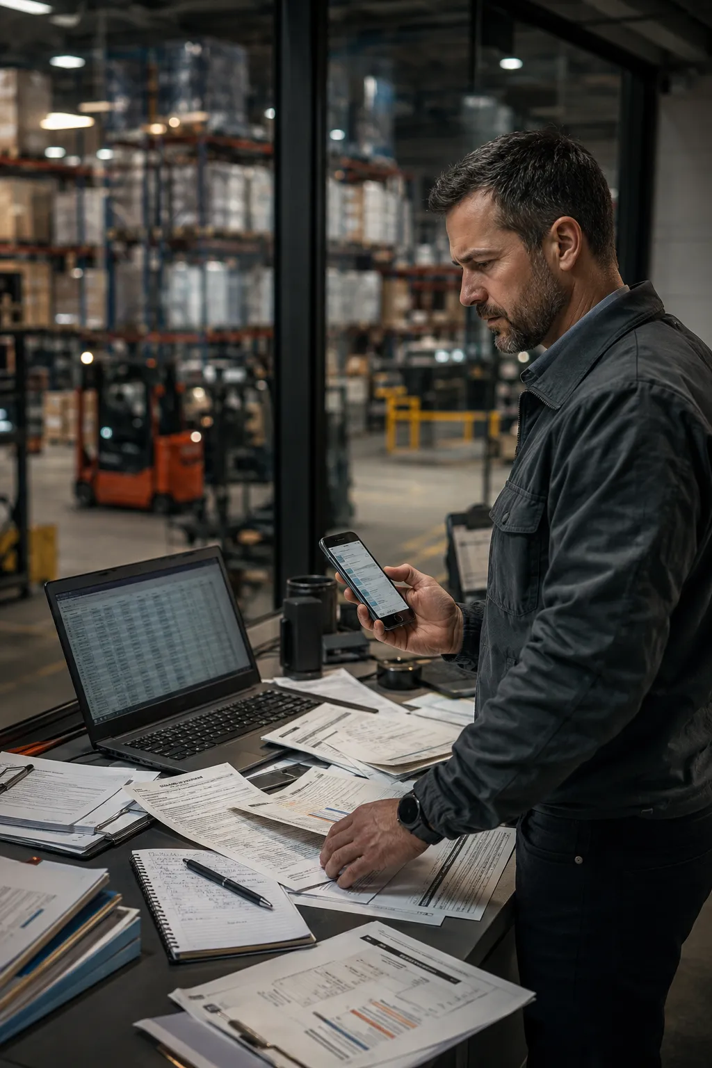 Fleet manager reviewing paperwork and digital records in a warehouse office