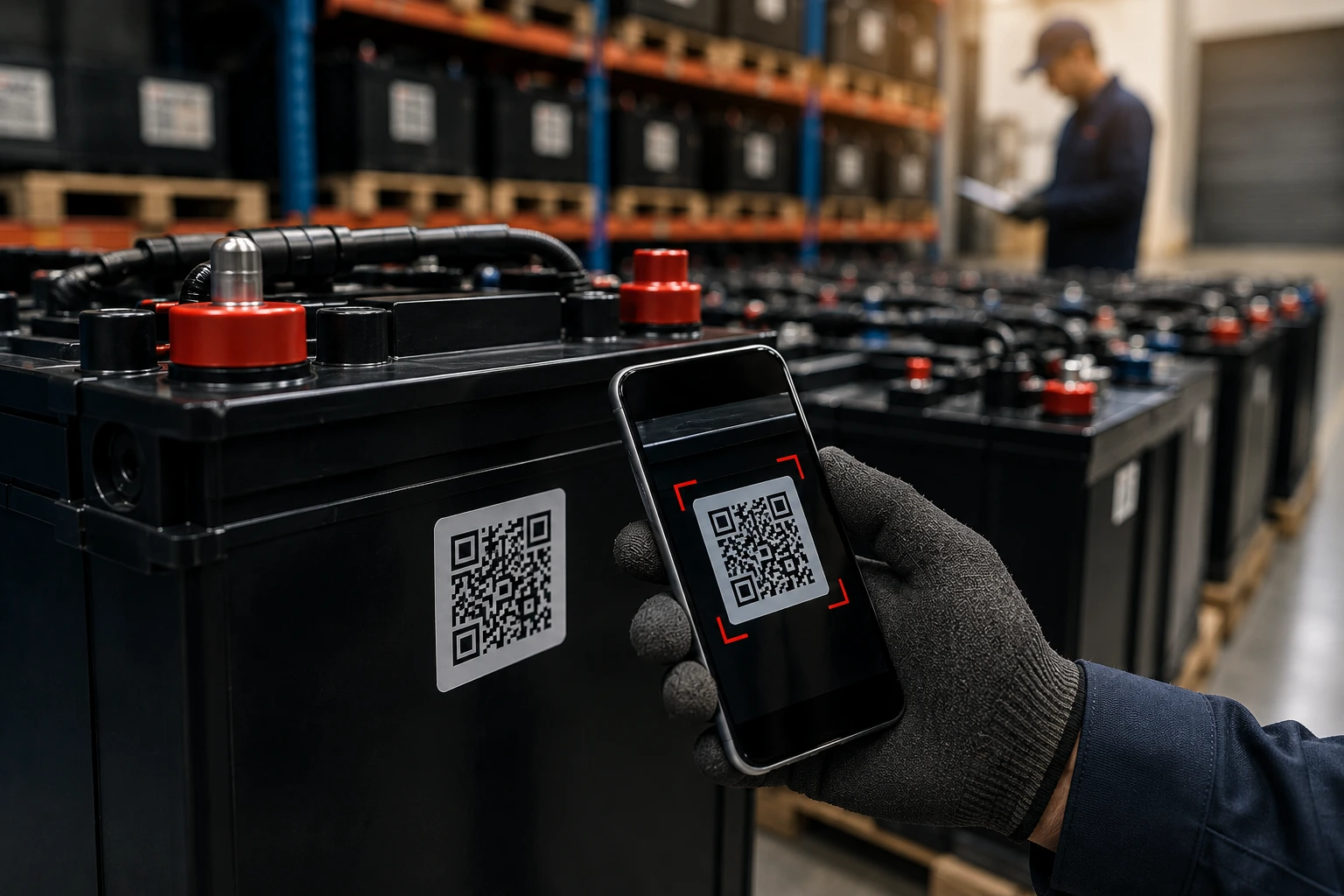 Technician scanning a QR code on an industrial forklift battery