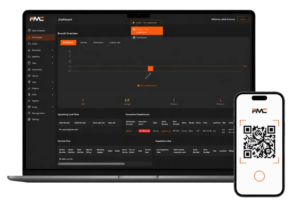 FMC asset dashboard on laptop with QR-code scanner on smartphone