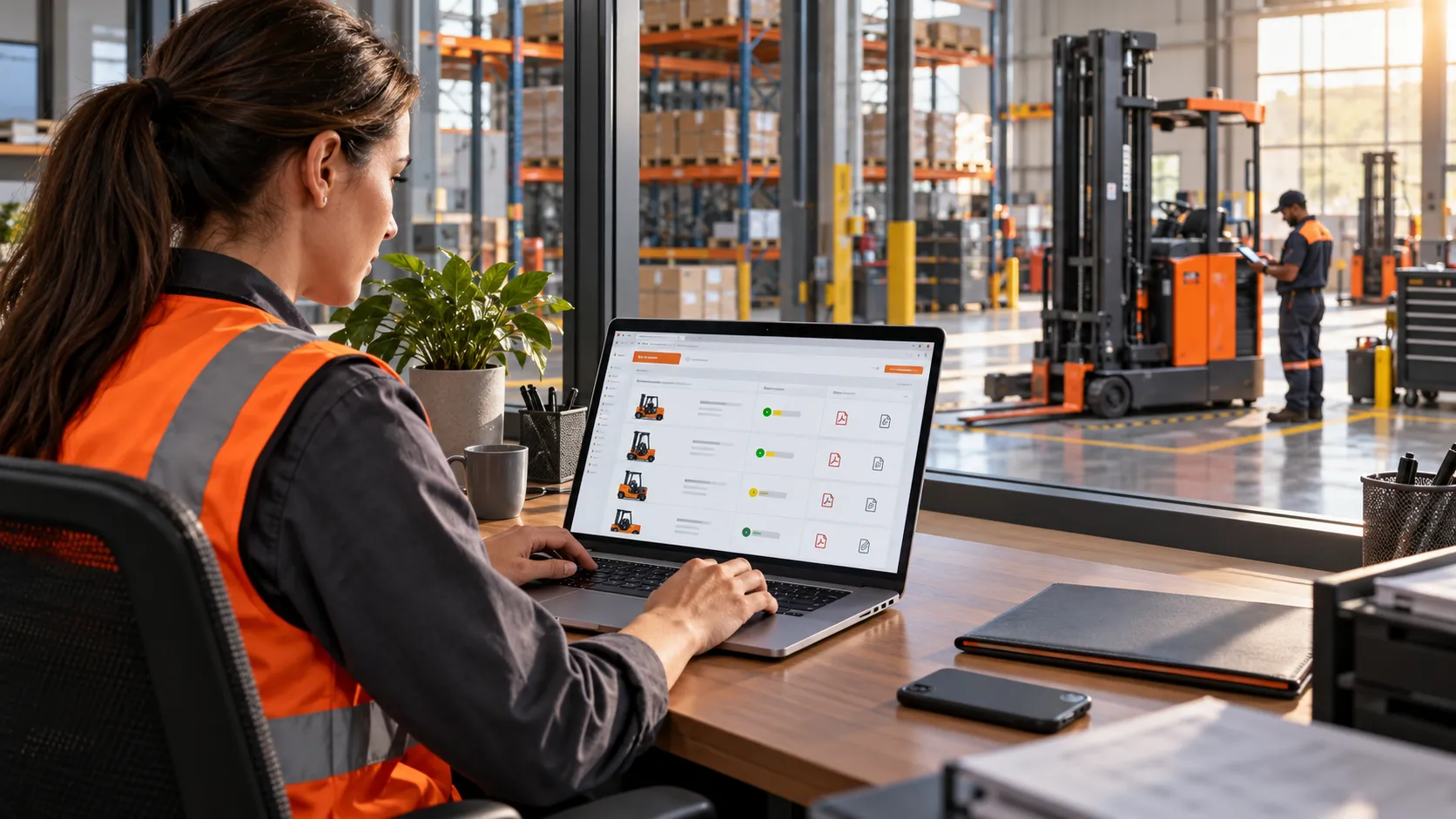Fleet customer portal showing forklift service status on a laptop in a warehouse office.