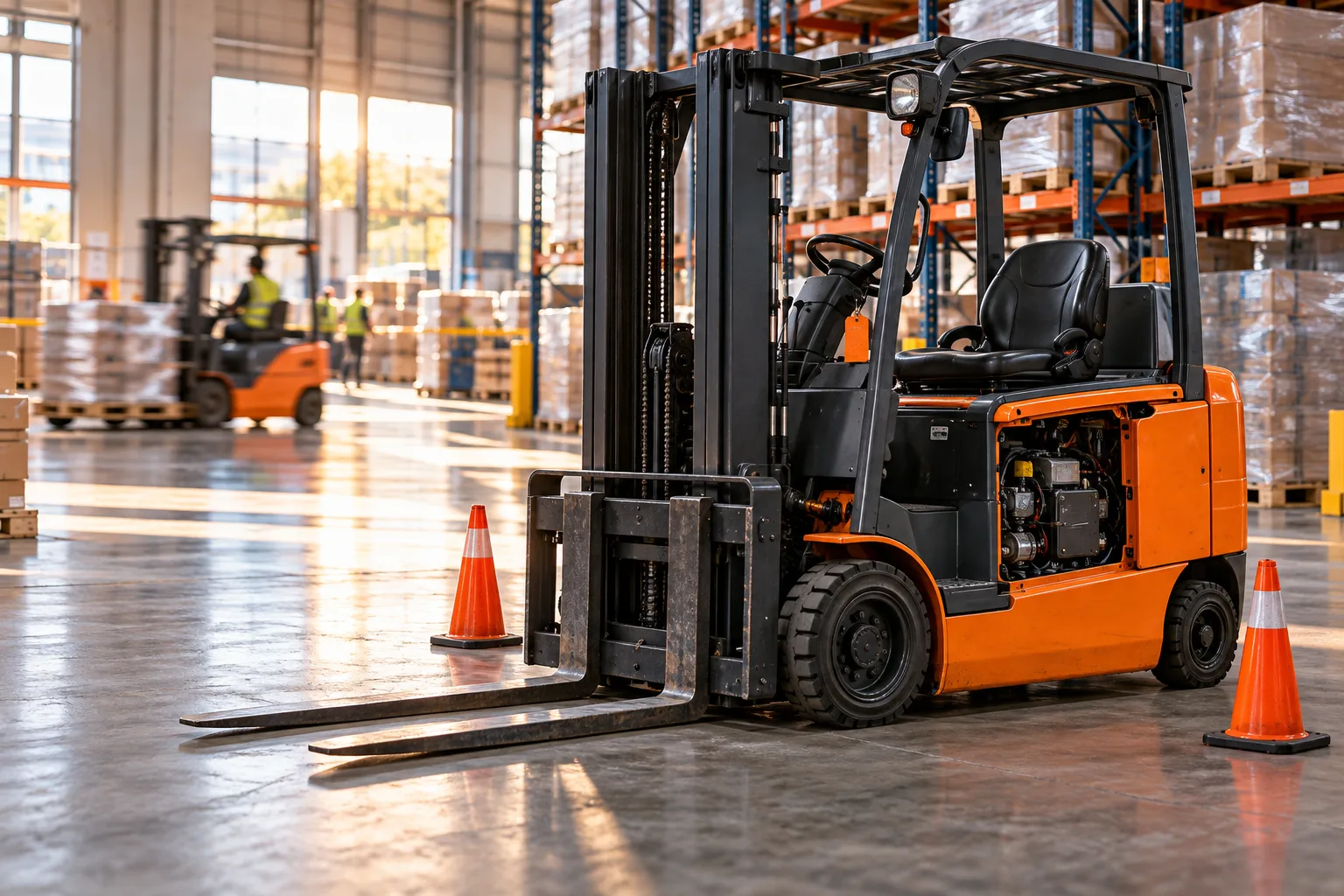 Electric forklift parked between safety cones in a warehouse, illustrating forklift downtime tracking