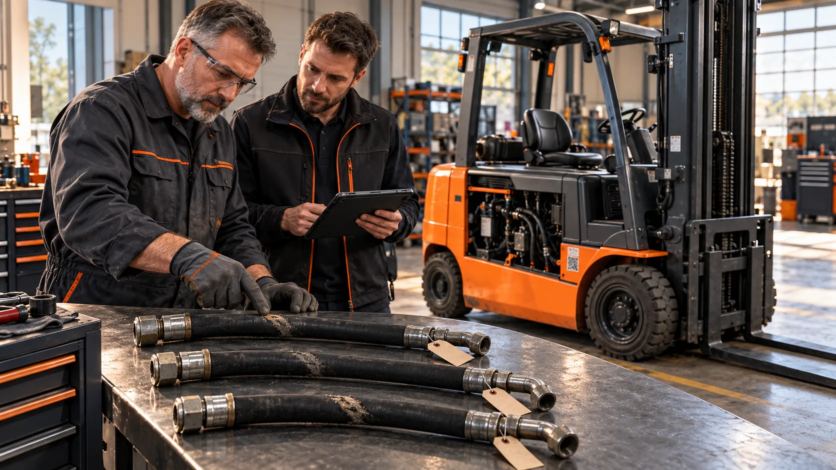 Technicians inspecting worn hydraulic hoses from forklift repeat breakdowns beside an orange forklift in a workshop