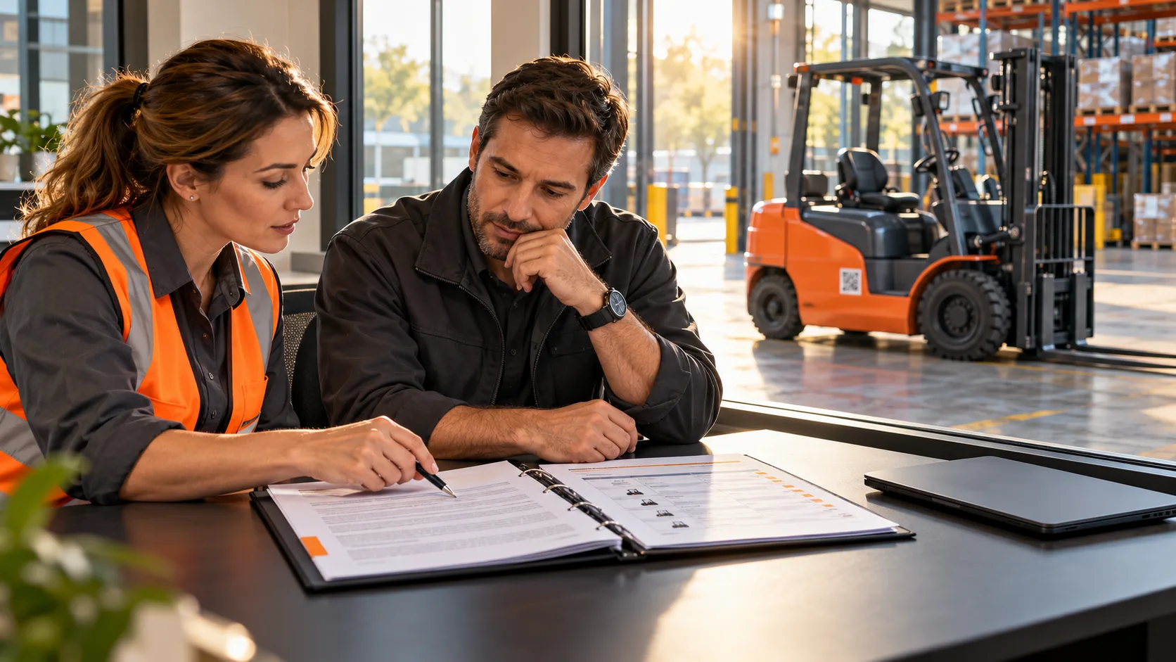 Forklift manager and colleague reviewing a forklift service level agreement in a warehouse office